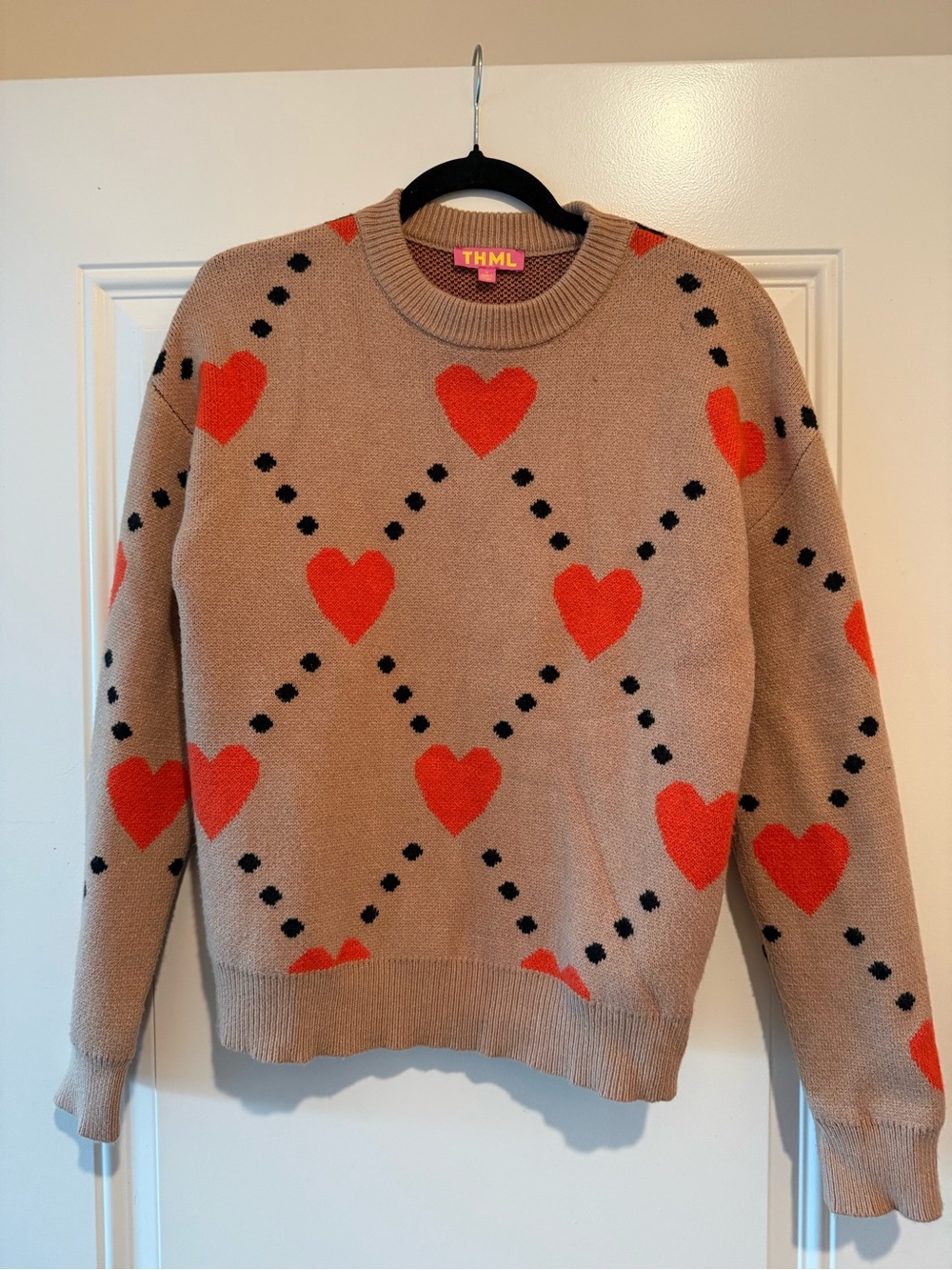 THML Beige Sweater with Red Heart Pattern
